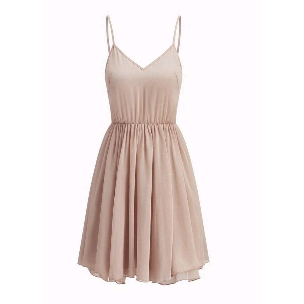 Commense Blush Semi Sheer Chiffon Mini Dress szM Adjustable Straps Elastic Waist